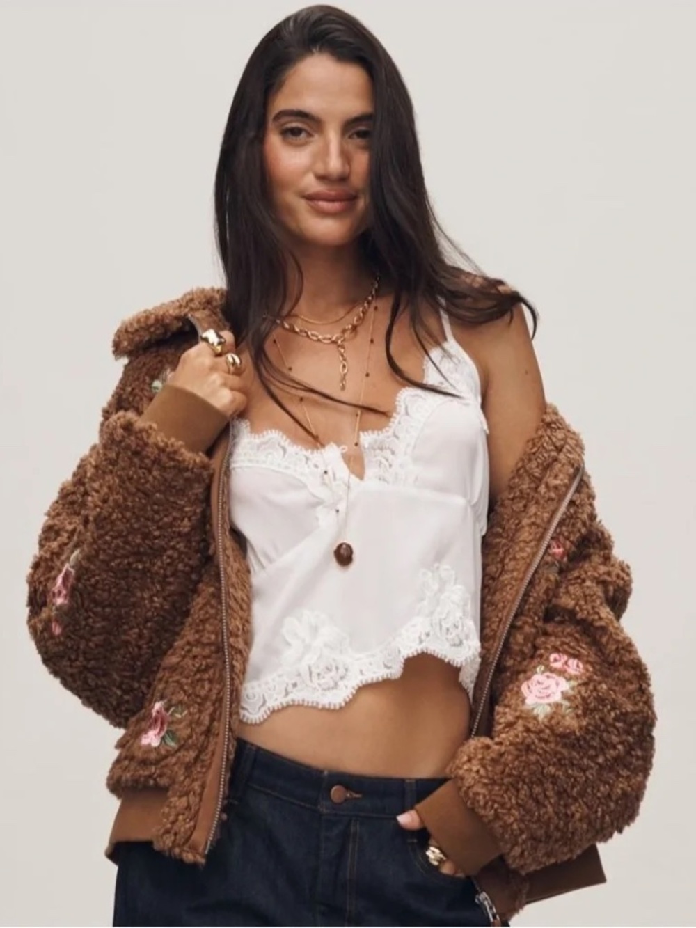 By Anthropologie Floral Embroidered Sherpa Bomber Jacket Sz S NWT